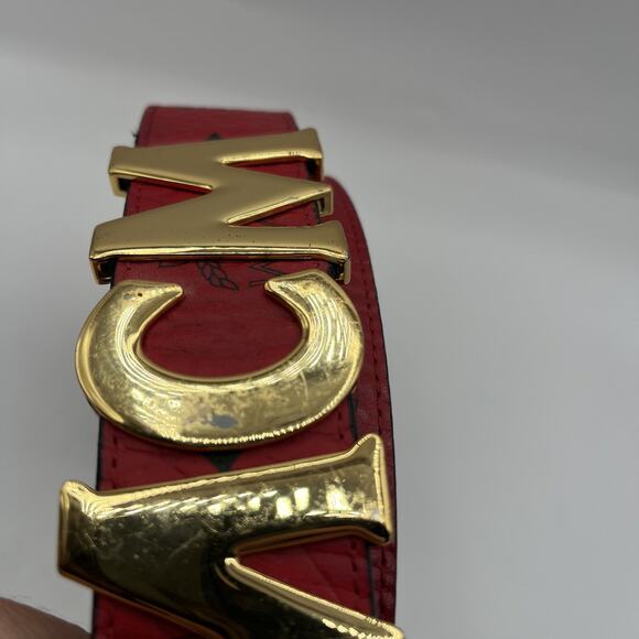 MCM Claus Red Visetos 24k Rolled Gold Buckle Belt Logo On Leather AS IS DAMAGED - Picture 4 of 16